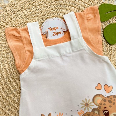 Conj. Blusa e Salopete Oncinhas - Off White e Laranja